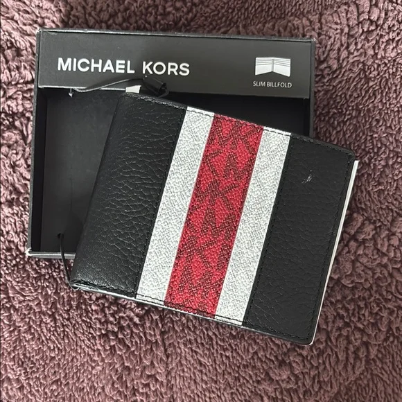 Michael Kors Black, Red, and Silver Slim Bifold Wallet